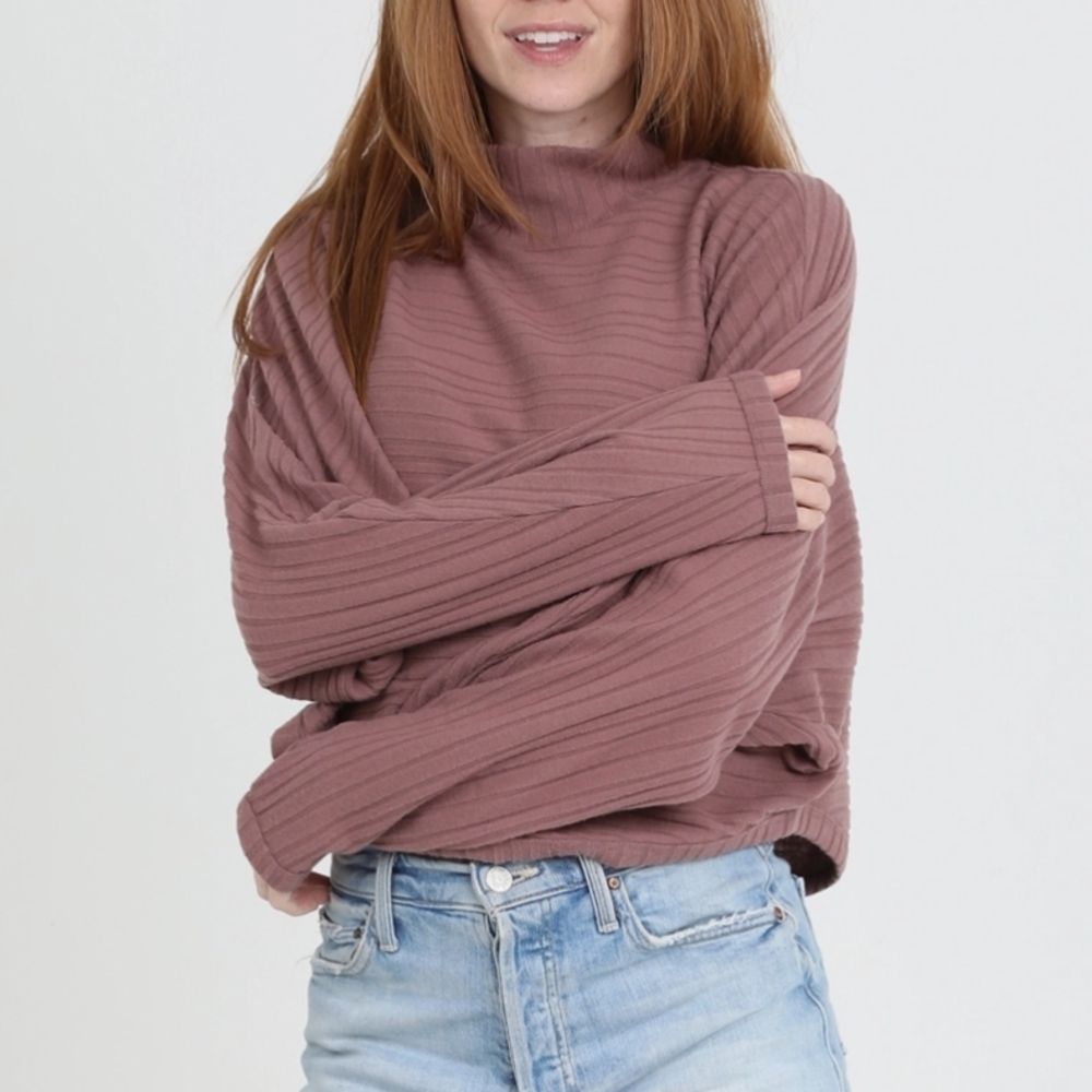 Angie Mauve Batwing Ribbed Mock Neck Long Sleeve Top - Picture 3 of 12